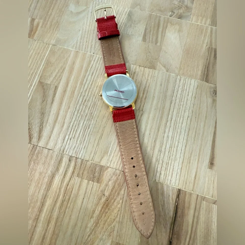 Bulova gold tone red leather watch NEW BATTERY